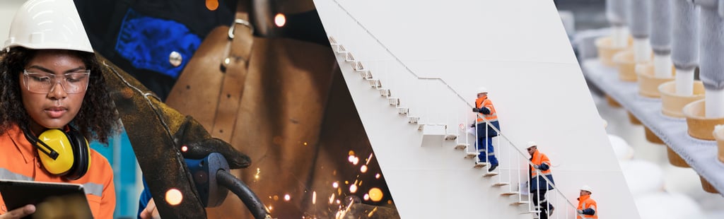 A collage of industrial scenes — a worker with safety gear using a tablet, a person welding with sparks, three workers climbing stairs on a white structure, and machinery involved in an industrial process.